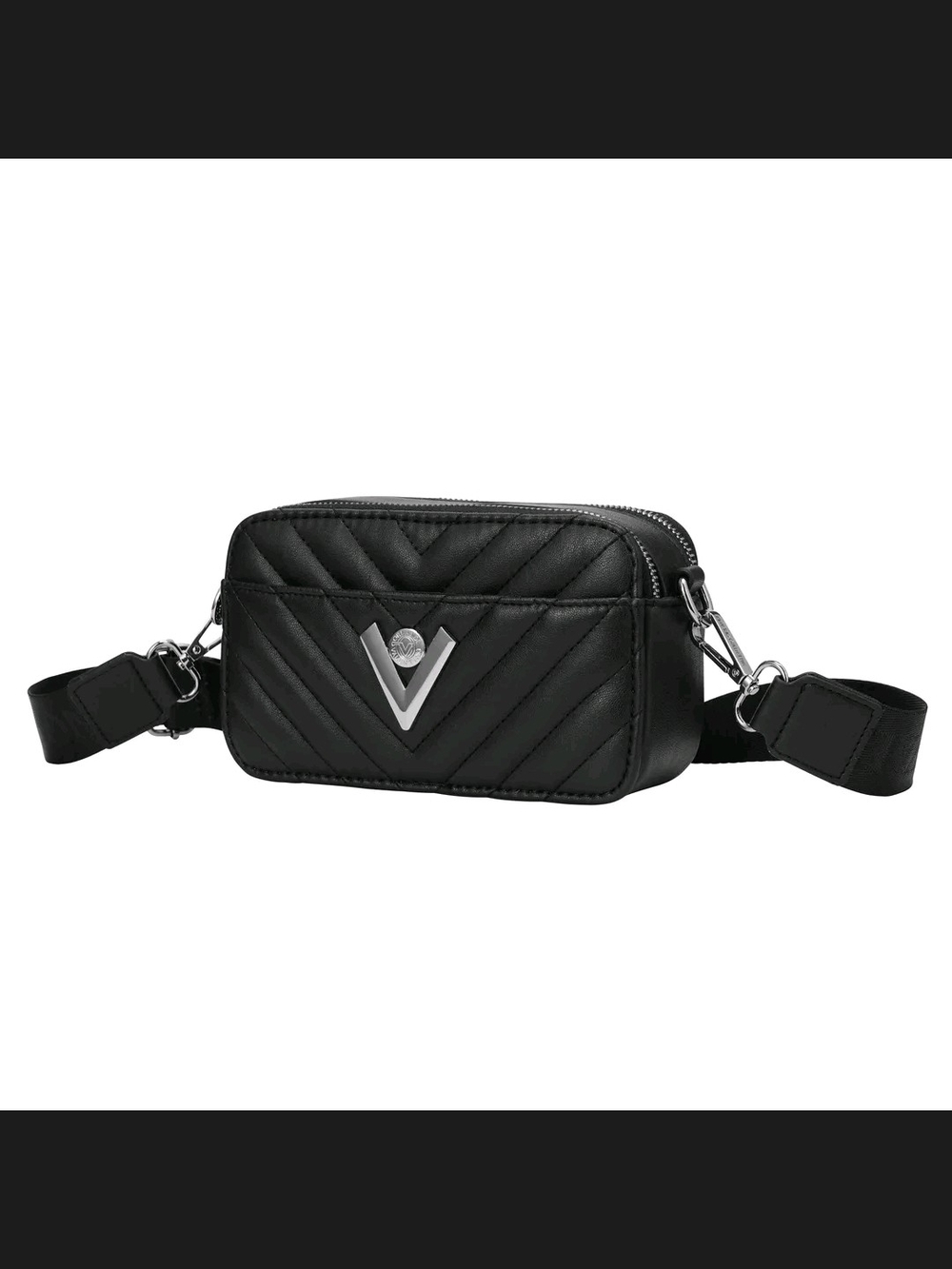 Valentino Black Compact Chevron Crossbody Bag with Silver Hardware